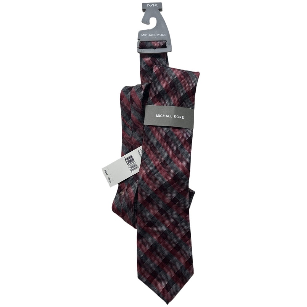 MICHAEL KORS men's burgundy + grey plaid striped silk blend tie, BNWT.